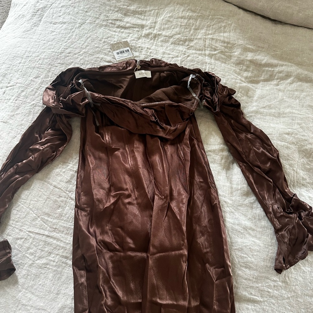 Meshki Mocha Giselle Off the Shoulder Cowl Neck Dress